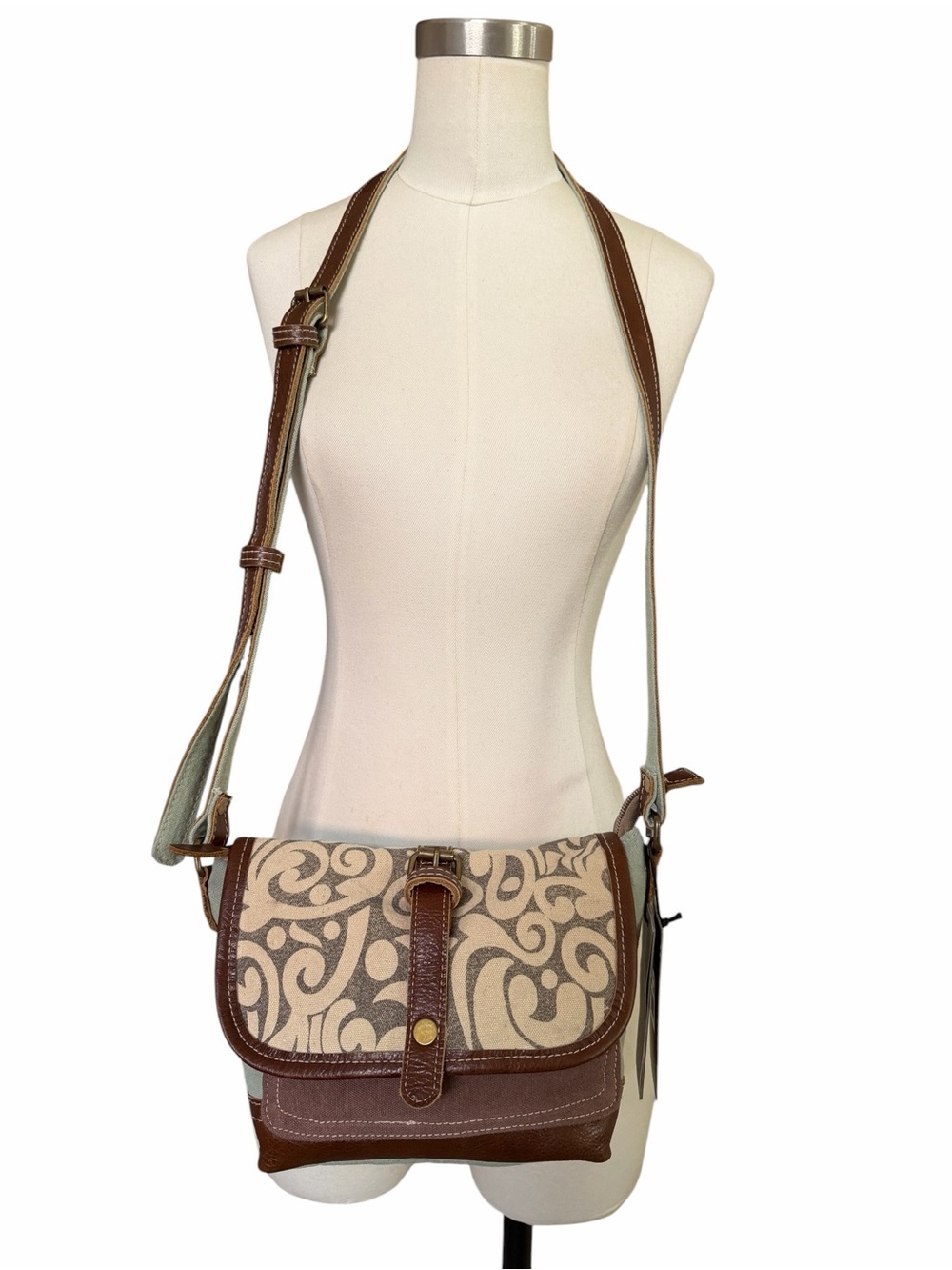 Myra Leaf Print Crossbody Bag NWT Brown Western Boho S-1153 Upcycled Canvas